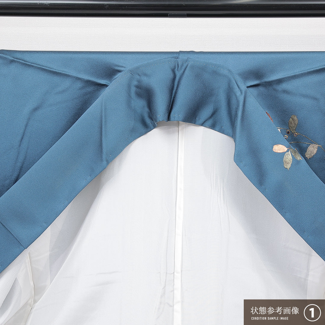 訪問着 袷 身丈168cm 裄丈66cm 正絹 Bランク セミフォーマル 広衿 XLサイズ 染色作家 松森和隆 ぼかし染 金彩 作家物 落款 椿 青系 RP 1217-15108