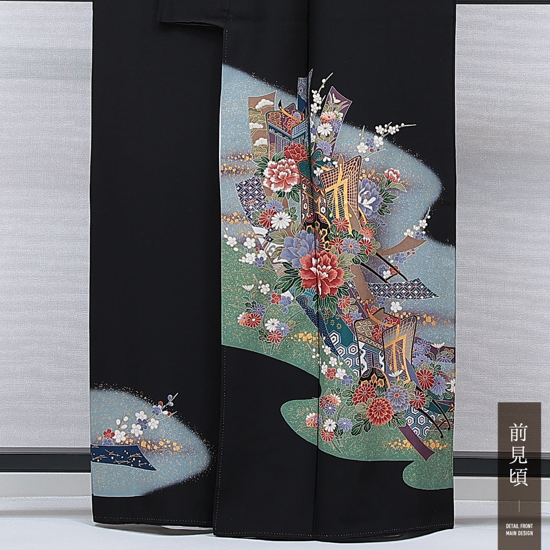 黒留袖 袷 身丈161cm 裄丈66cm 五つ紋 五三桐 フォーマル Sランク Lサイズ 正絹 比翼仕立て 広衿 花車 七宝 梅 1211-F0764