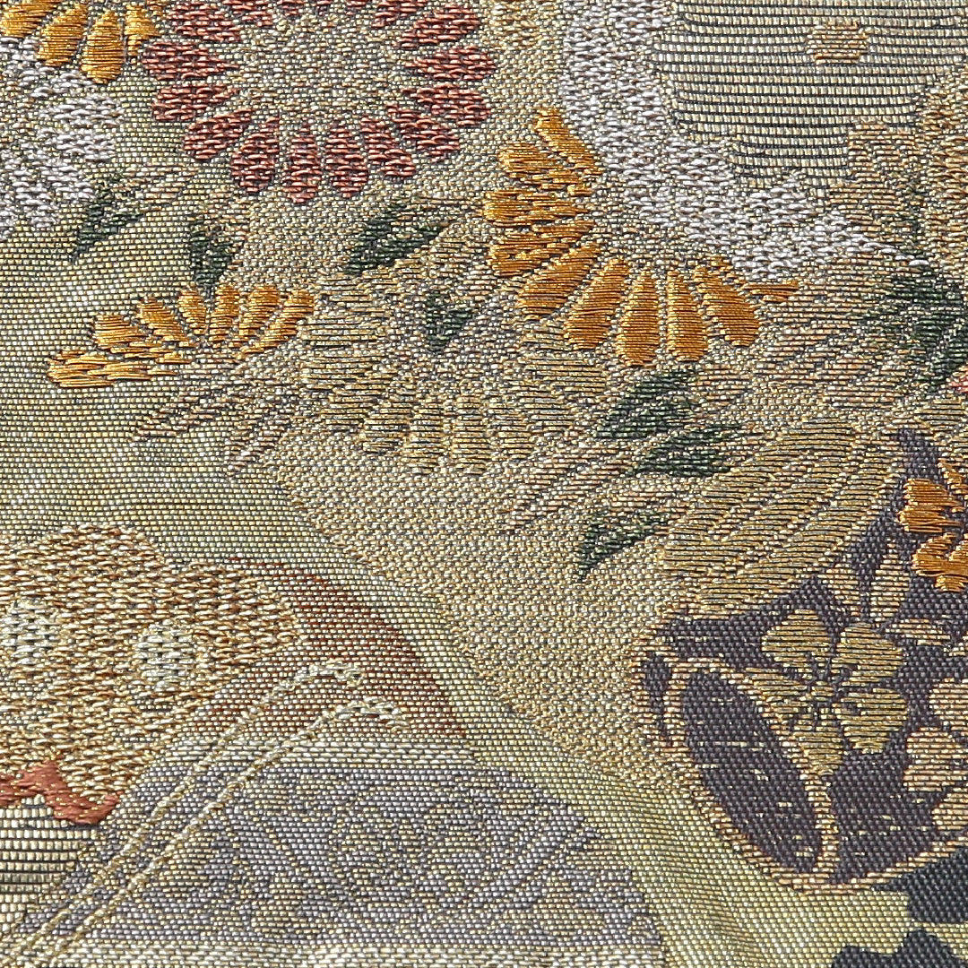 袋帯 帯丈440cm 正絹 六通 フォーマル 研き出し引箔袋 楽器 吉祥文様 紺系 金系 1243-02103