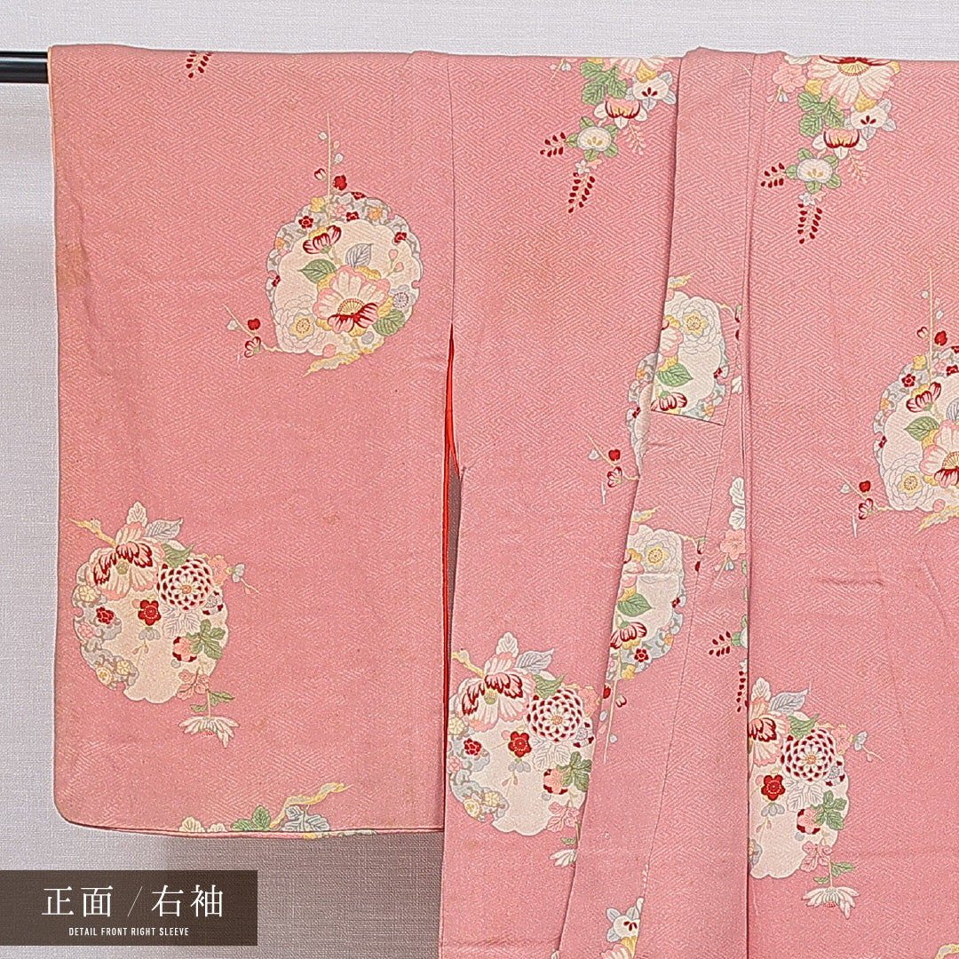 アンティーク 付下げ 袷 身丈145cm 裄丈60cm 正絹 Cランク XSサイズ バチ衿 紋意匠 紗綾形 雪輪 牡丹 ピンク系 1261-15977