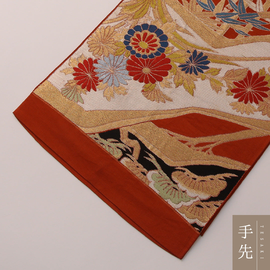 袋帯 帯丈400cm フォーマル 六通 未仕立て 帯芯なし Cランク 正絹 菱 菊 笹 朱系 金系 1223-01902