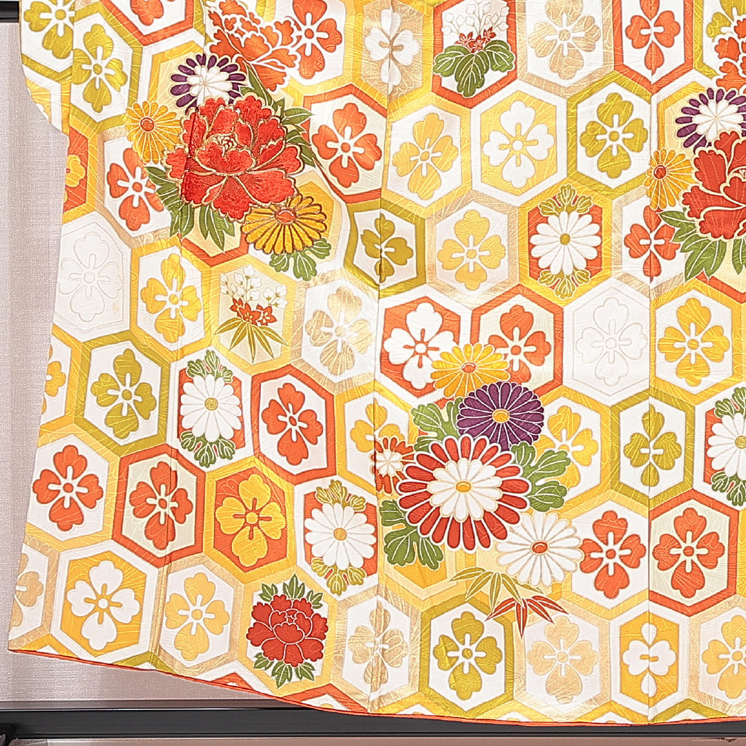 振袖 袷 身丈155cm 裄丈63cm フォーマル Cランク Mサイズ 正絹 広衿 亀甲 牡丹 蘇州刺繍 金駒刺繍 1213-F0670