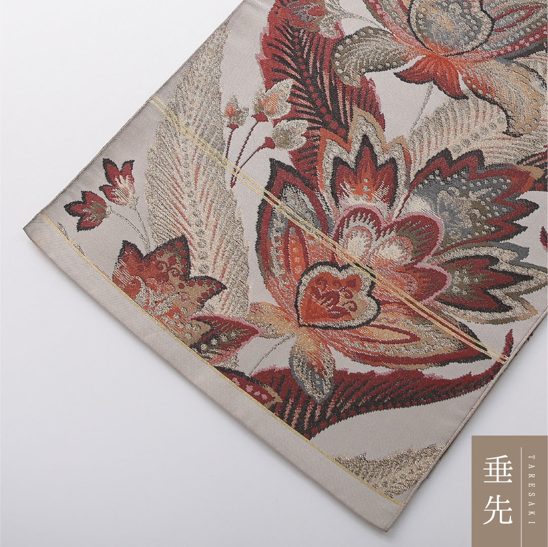 アンティーク 八寸名古屋帯 帯丈364cm セミフォーマル 開き仕立て ポイント柄 Aランク 正絹 綴れ織 ペルシャ文様 ベージュ系 多色系 1224-03688