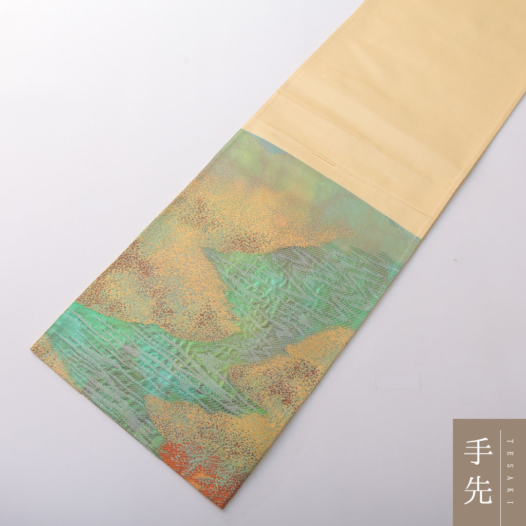 袋帯 帯丈418cm 正絹 六通 帯芯なし セミフォーマル 綴れ織 山 緑系 金系 1243-02042