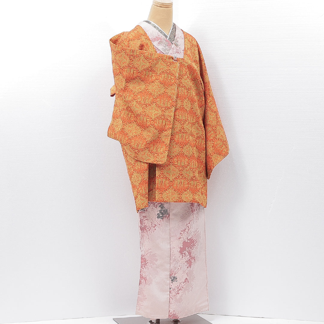 道行コート 袷 身丈88cm 裄丈32cm 正絹 Sランク Sサイズ フォーマル ポケットあり 創作柄 緑系 朱系 1263-15127