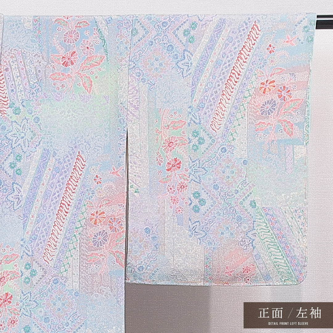 小紋 袷 身丈154cm 裄丈64cm 正絹 Sランク インフォーマル 広衿 Sサイズ 菊 グレー系 RP 1221-15526