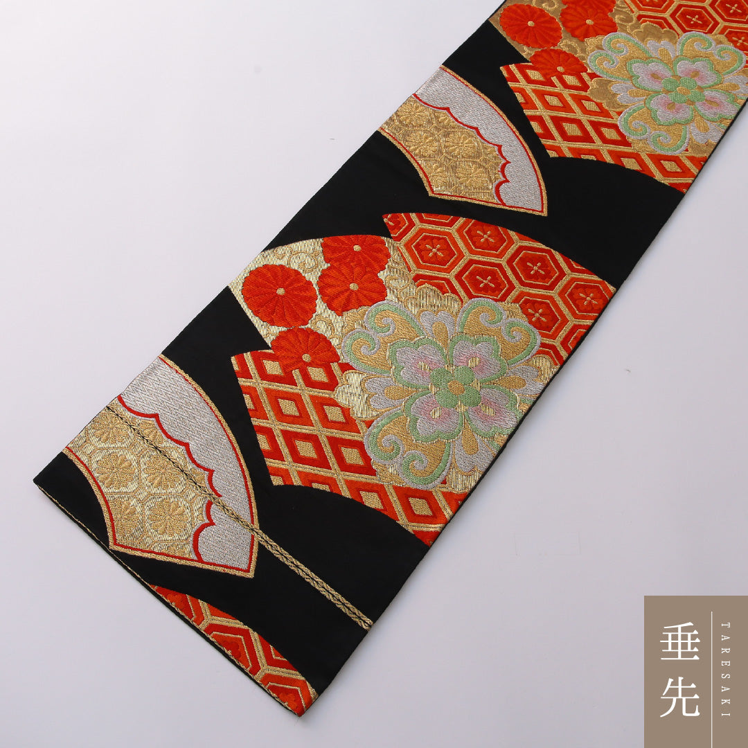 袋帯 帯丈400cm 正絹 六通 フォーマル 扇面文 宝相華 吉祥文様 黒系 金系 1243-01949