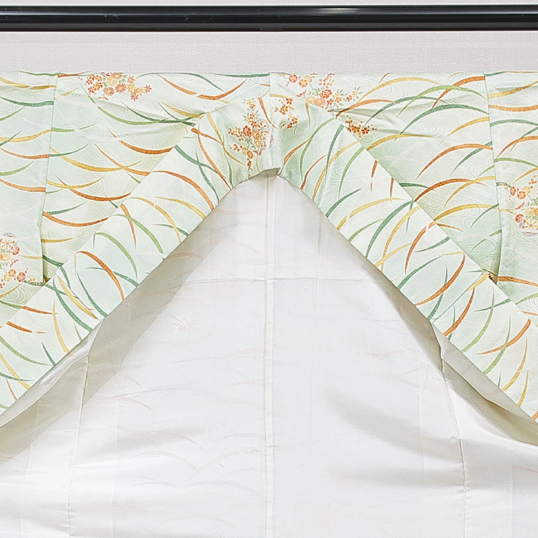 小紋 洗える着物 袷 身丈162cm 裄丈61cm ポリエステル Bランク Lサイズ 広衿 インフォーマル 源氏車 菊 緑系 1215-15806