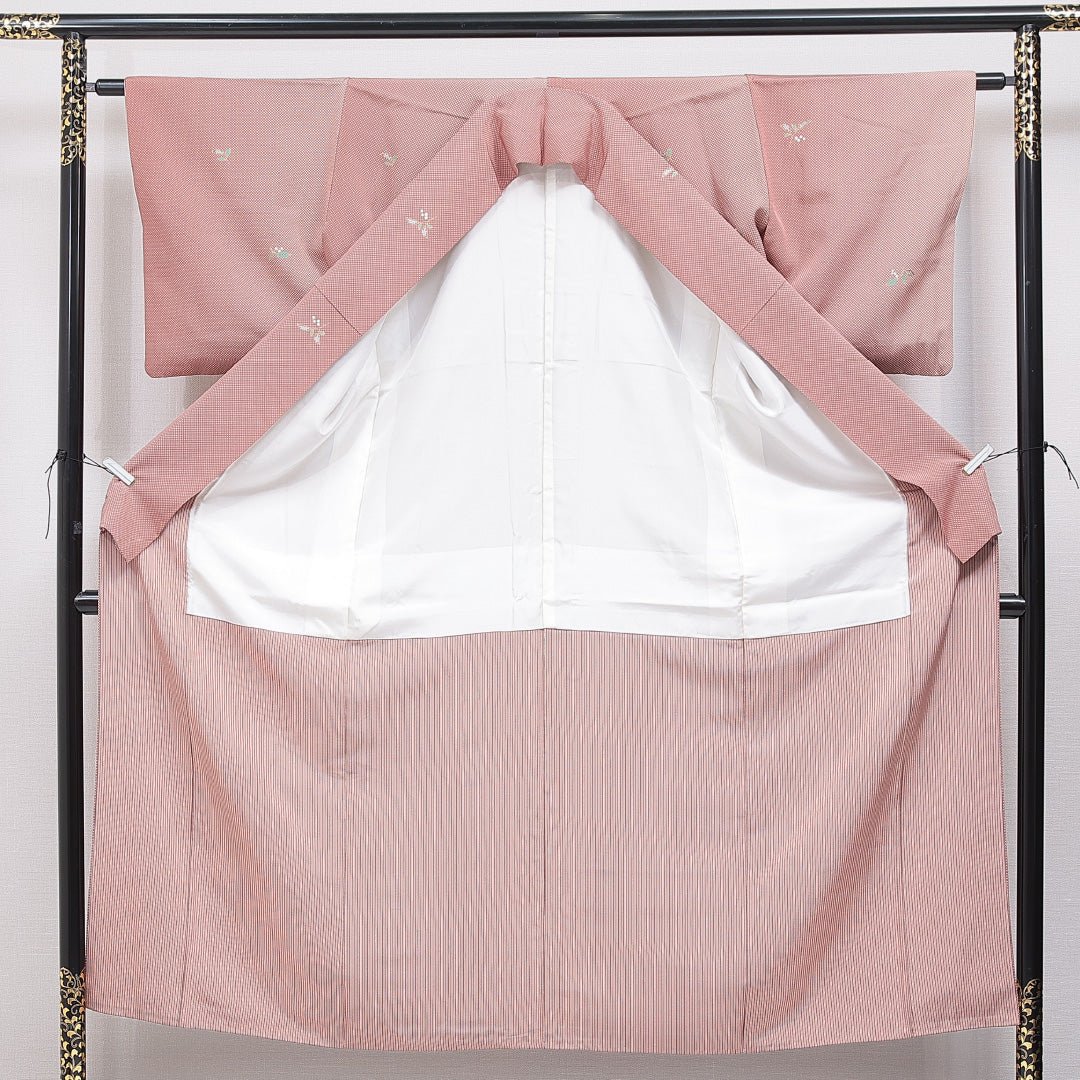 小紋 袷 身丈151cm 裄丈61cm 正絹 Sランク Sサイズ 広衿 インフォーマル 南天 ピンク系 1215-15904