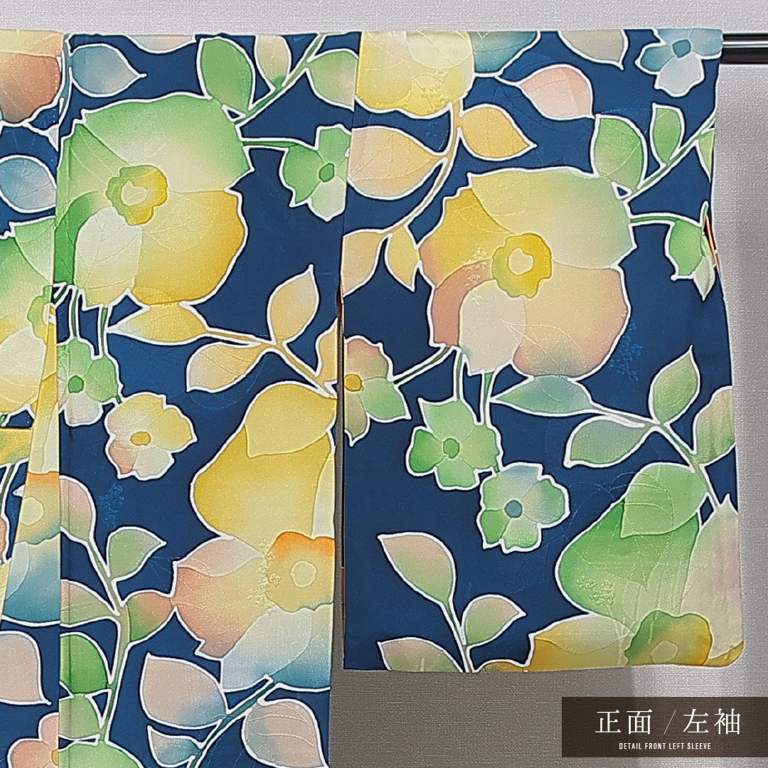小紋 袷 身丈169cm 裄丈65cm 正絹 Sランク インフォーマル 広衿 XLサイズ 椿 紺系 RP 1221-15363