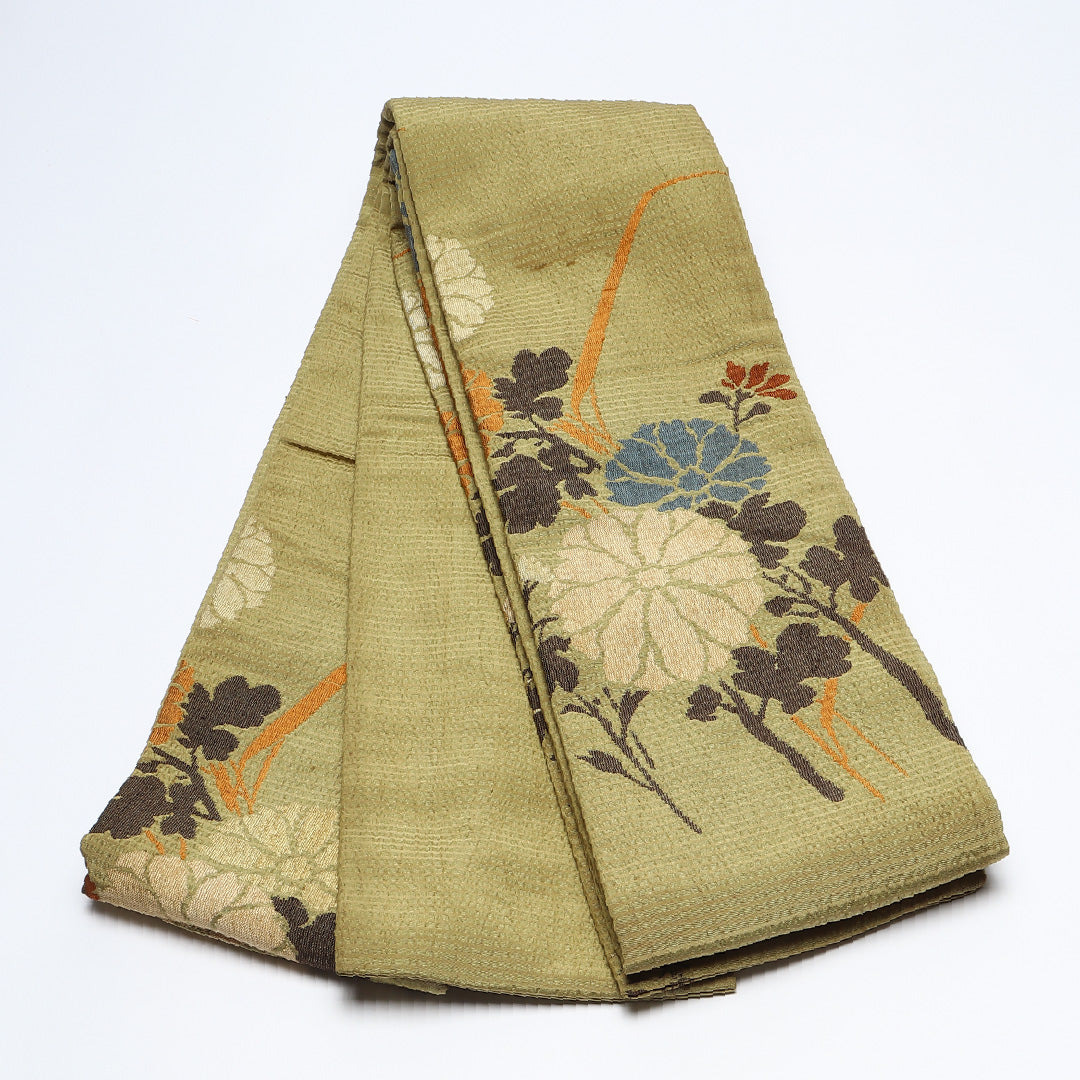 アンティーク 半幅帯 帯丈360cm カジュアル 小袋帯 六通 Bランク 正絹 菊 緑系 1225-00631