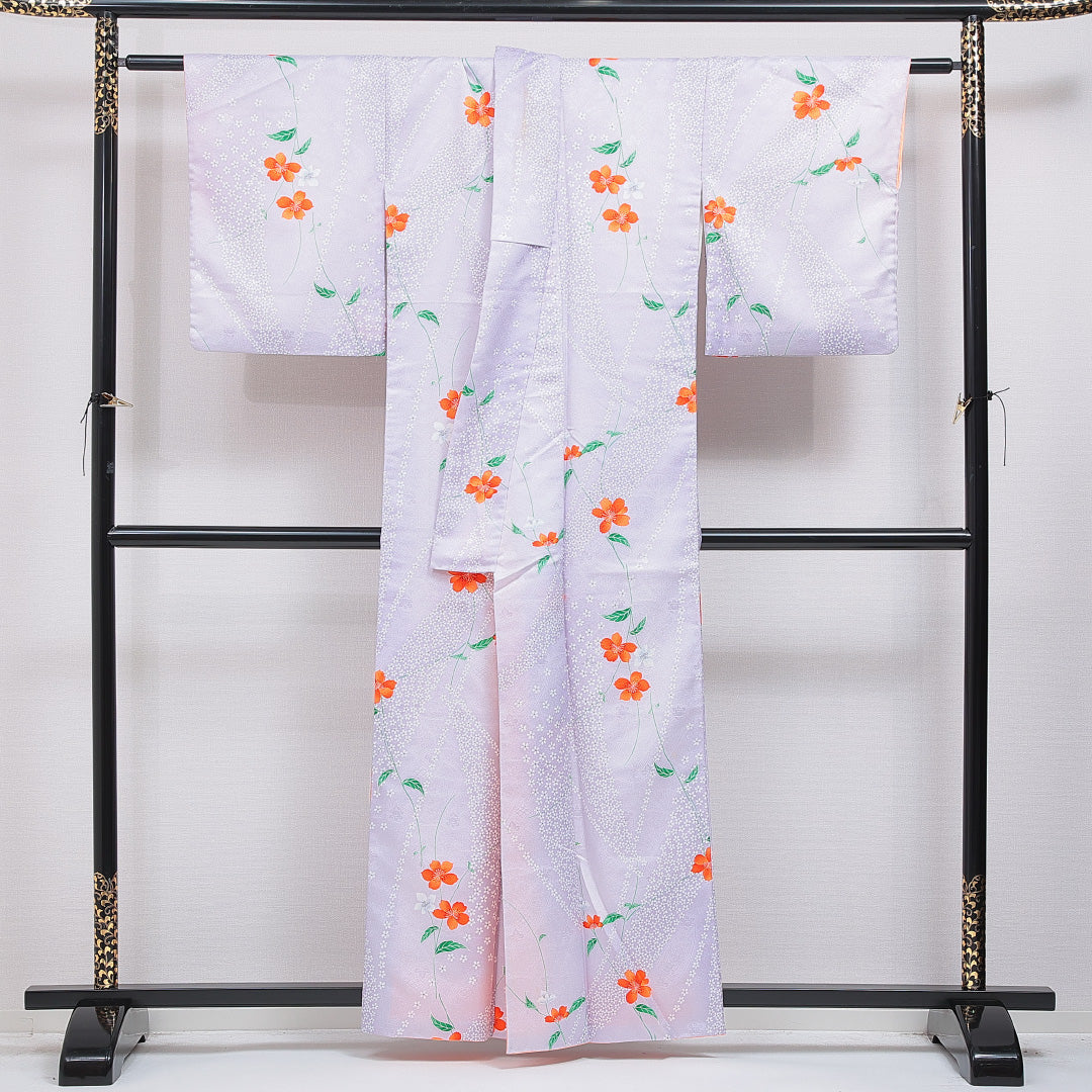 洗える着物 小紋 袷 身丈158cm 裄丈64cm ポリエステル Bランク インフォーマル 広衿 Mサイズ 花柄 紫系 HP 1221-16288