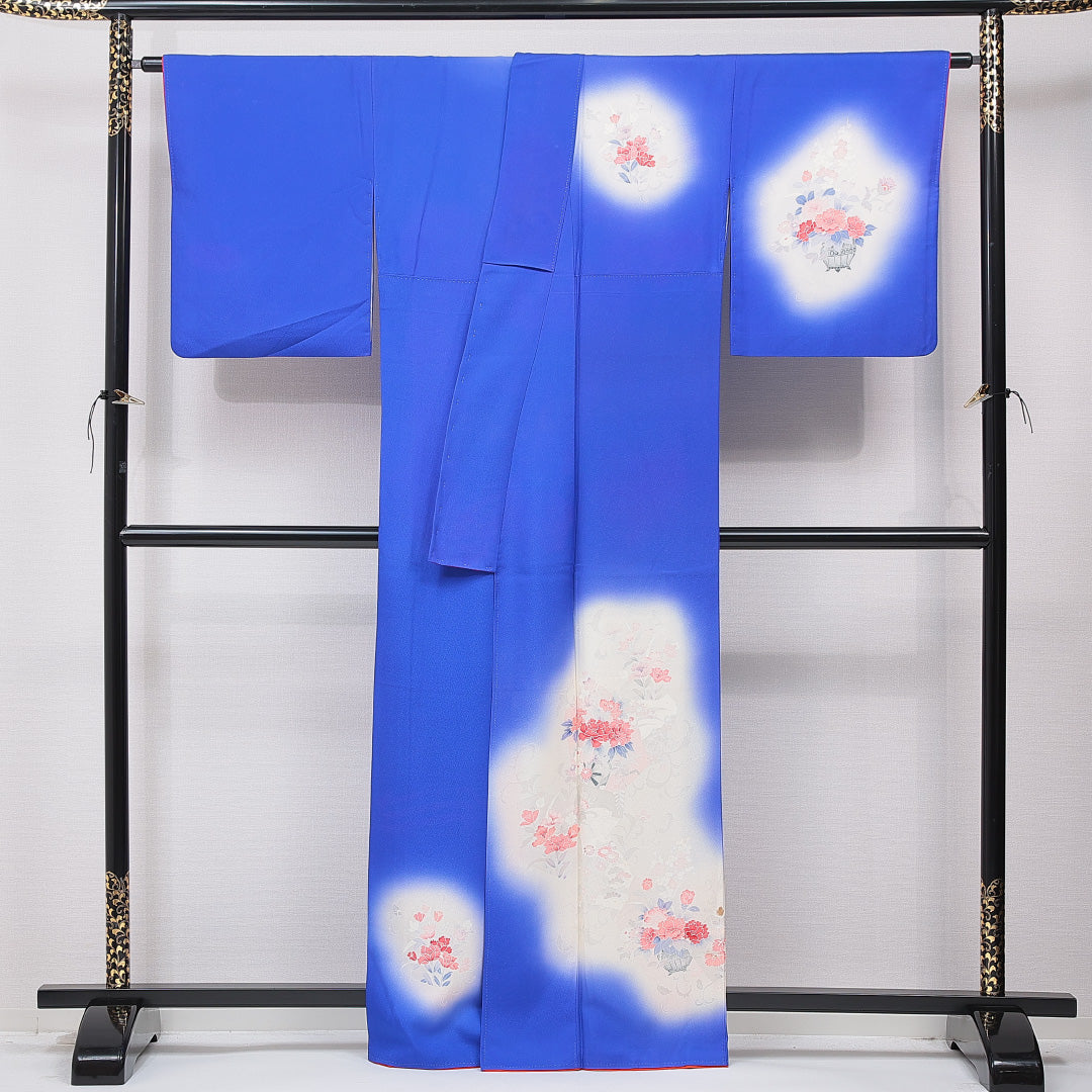付下げ 袷 身丈162cm 裄丈67cm 正絹 Bランク インフォーマル バチ衿 Lサイズ ぼかし染 牡丹 青系 HP 1218-15895