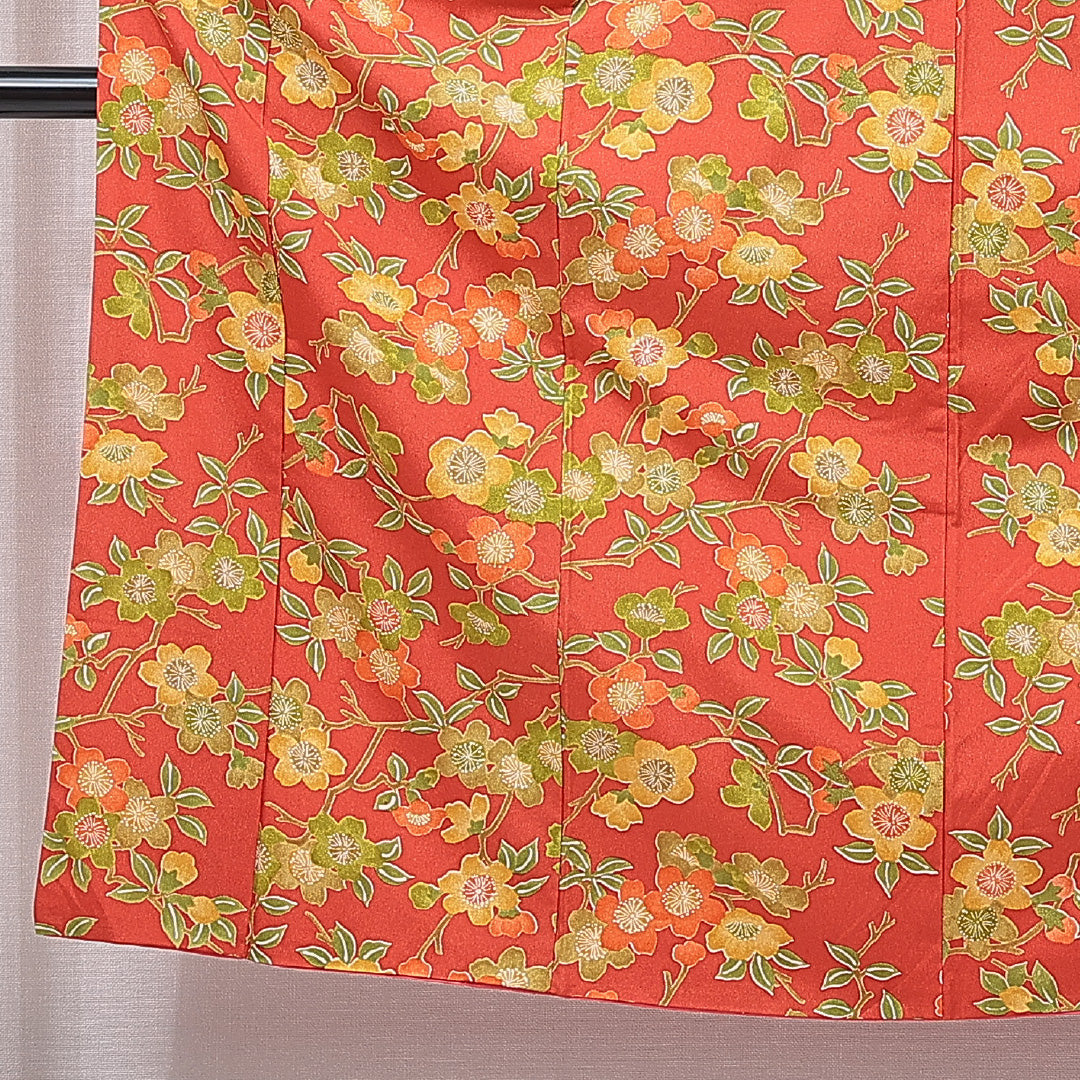 洗える着物 小紋 袷 身丈152cm 裄丈62cm ポリエステル Aランク インフォーマル バチ衿 Sサイズ 梅 赤系 HP 1221-15782