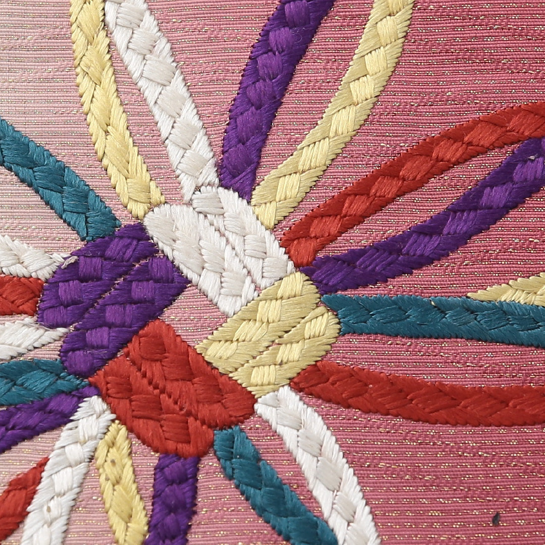 アンティーク 九寸名古屋帯 帯丈363cm 名古屋仕立て ポイント柄 Aランク 正絹 銀駒刺繍 組紐 ピンク系 黄系 1224-03710