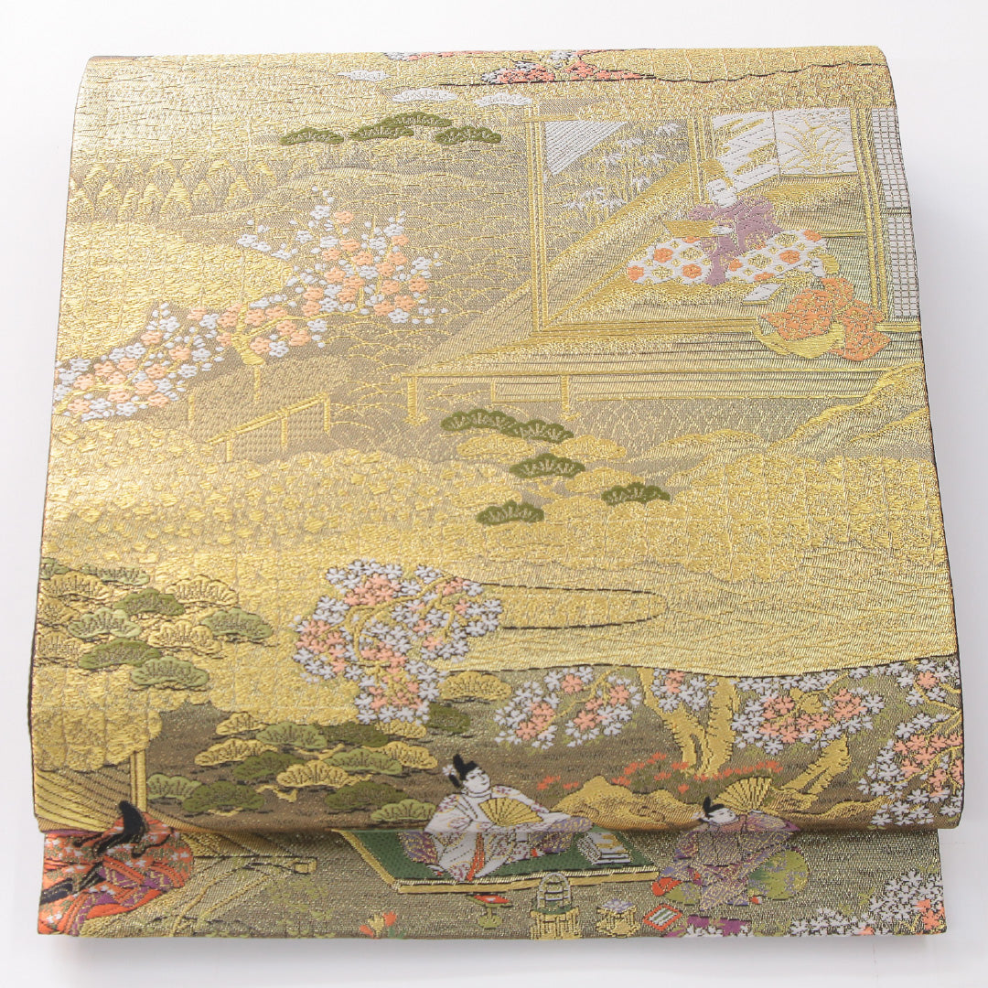袋帯 帯丈450cm 正絹 六通 式図物語 フォーマル 平安絵巻 吉祥文様 金系 銀系 1243-02267
