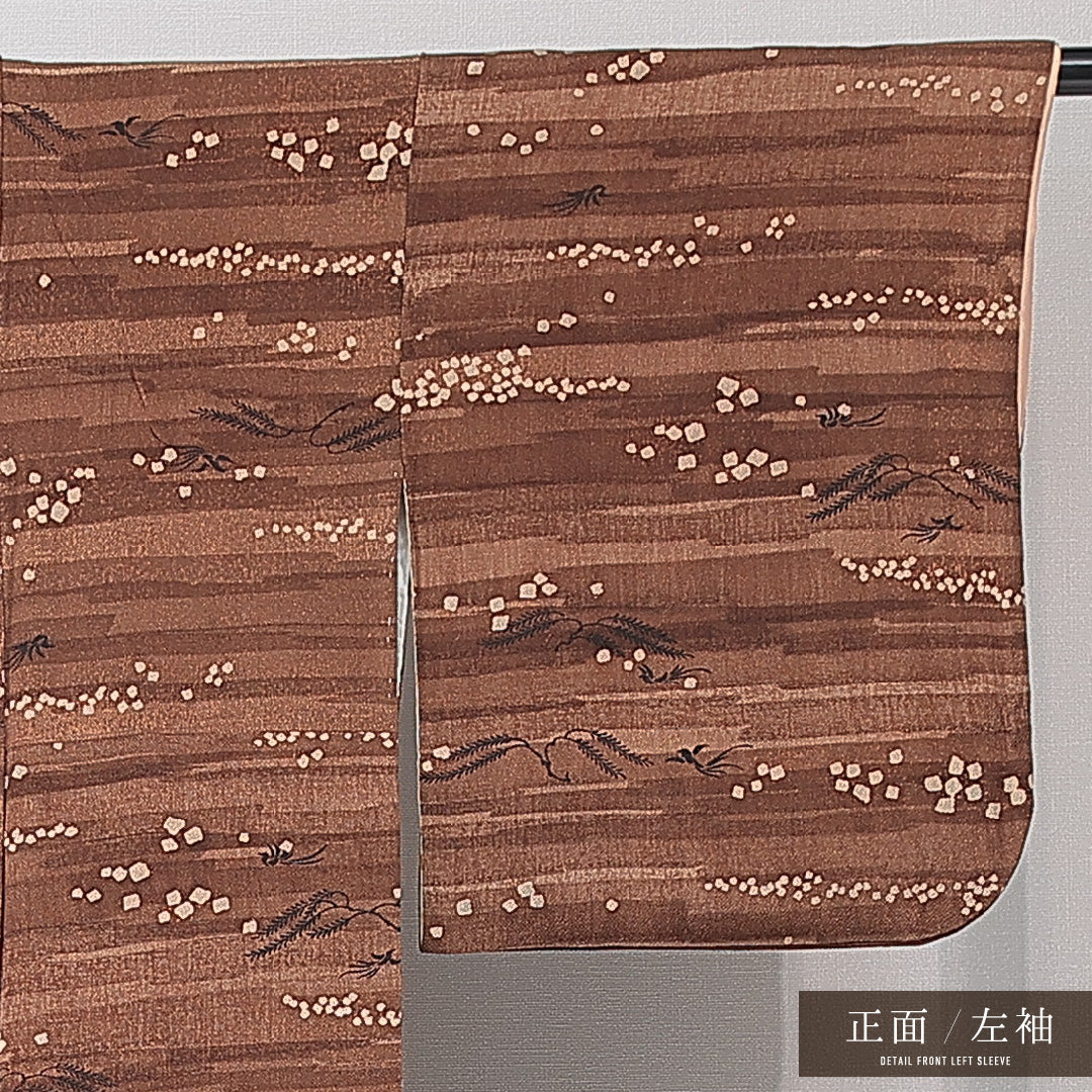 小紋 袷 身丈156cm 裄丈63cm 正絹 Aランク インフォーマル 広衿 Mサイズ 植物柄 茶系 RP 1221-15217