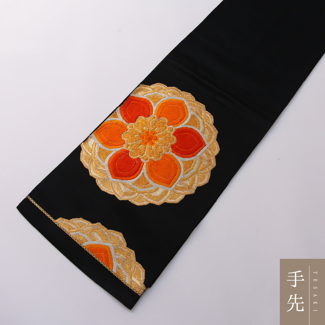 袋帯 帯丈428cm 正絹 六通 帯芯なし フォーマル 唐織 宝相華 黒系 1243-01945