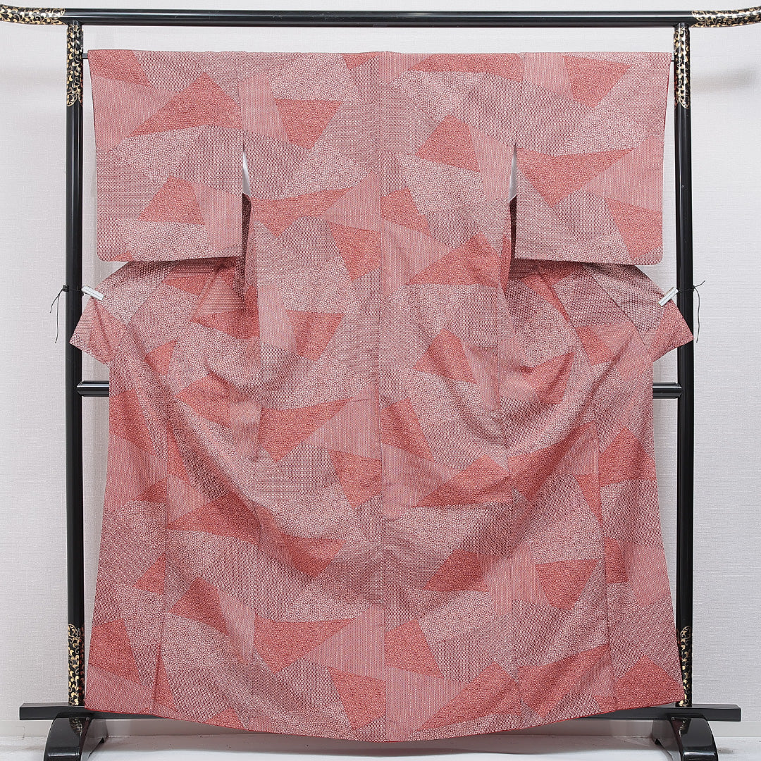 江戸小紋(寄せ柄) 洗える着物 袷 身丈164cm 裄丈67cm ポリエステル Aランク Lサイズ 広衿 インフォーマル 赤系 1262-16227