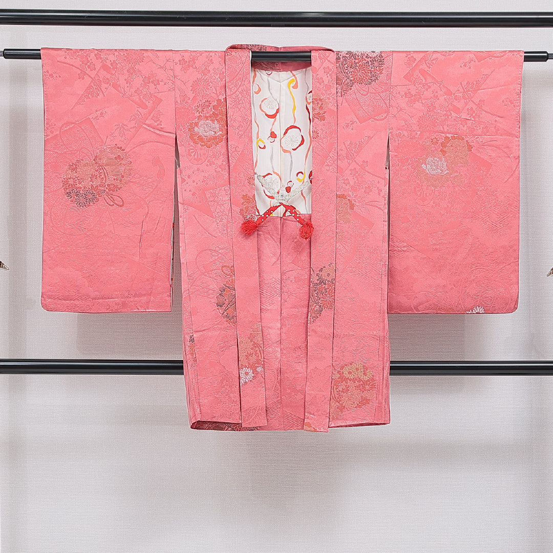 アンティーク 羽織 袷 身丈93cm 裄丈62cm 正絹 Aランク Sサイズ 一つ紋(五三桐) 鼓 牡丹 ピンク系 1217-16198