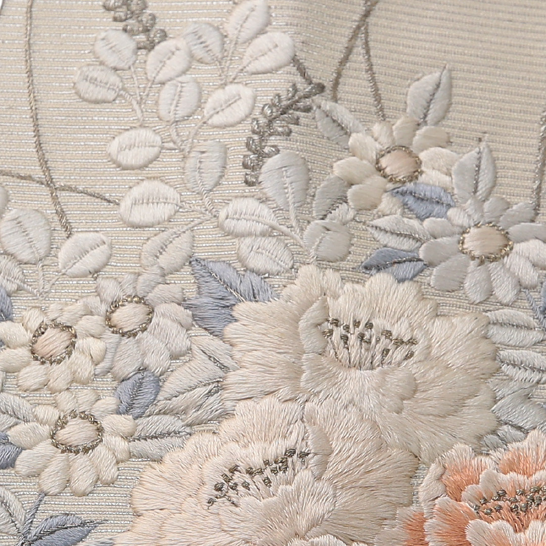 九寸名古屋帯 帯丈358cm セミフォーマル 名古屋仕立て ポイント柄 Cランク 正絹 雪輪 牡丹 銀系 1224-03646