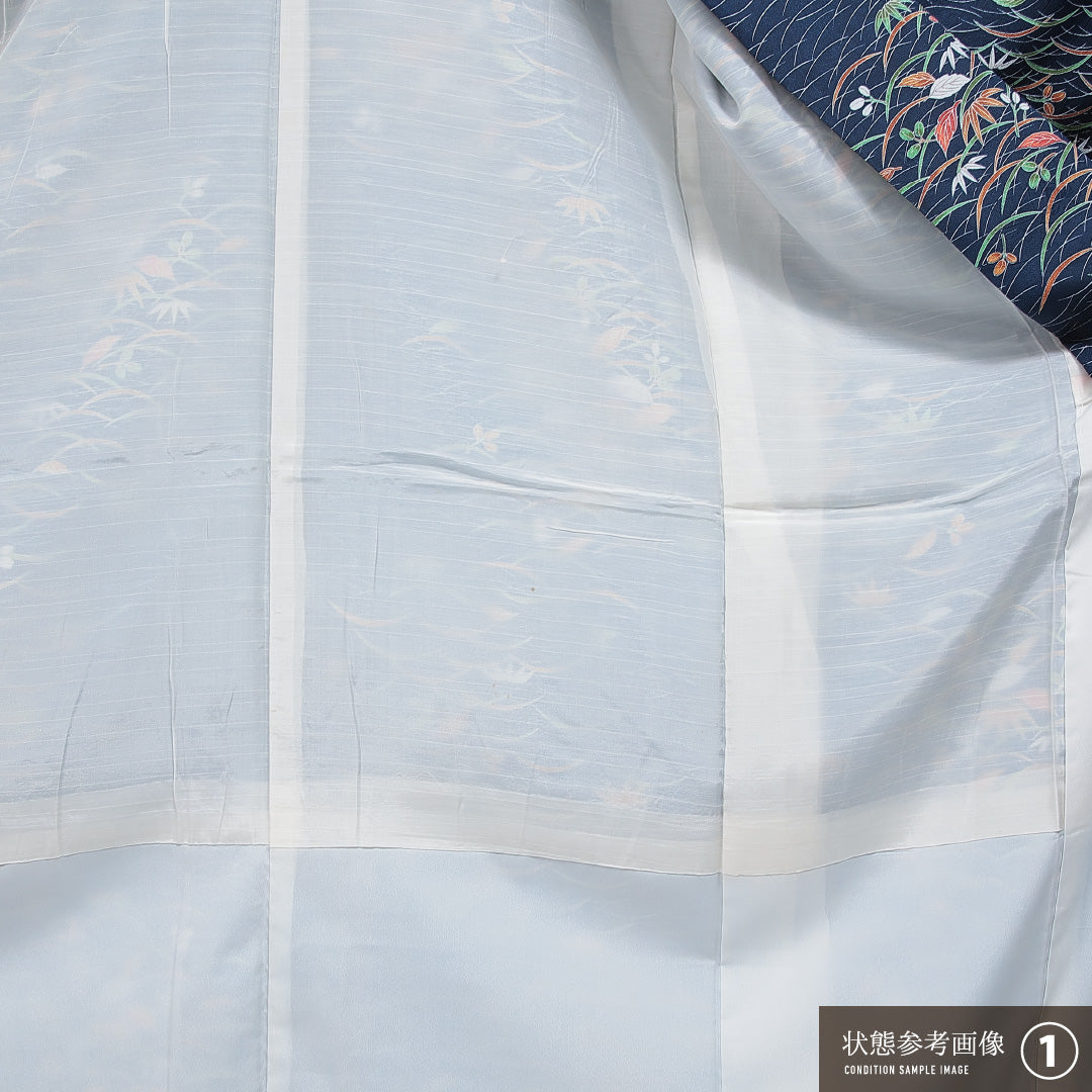 小紋 袷 身丈158cm 裄丈63cm 正絹 Sランク インフォーマル 広衿 Mサイズ 芝草 笹 紺系 RP 1221-16048