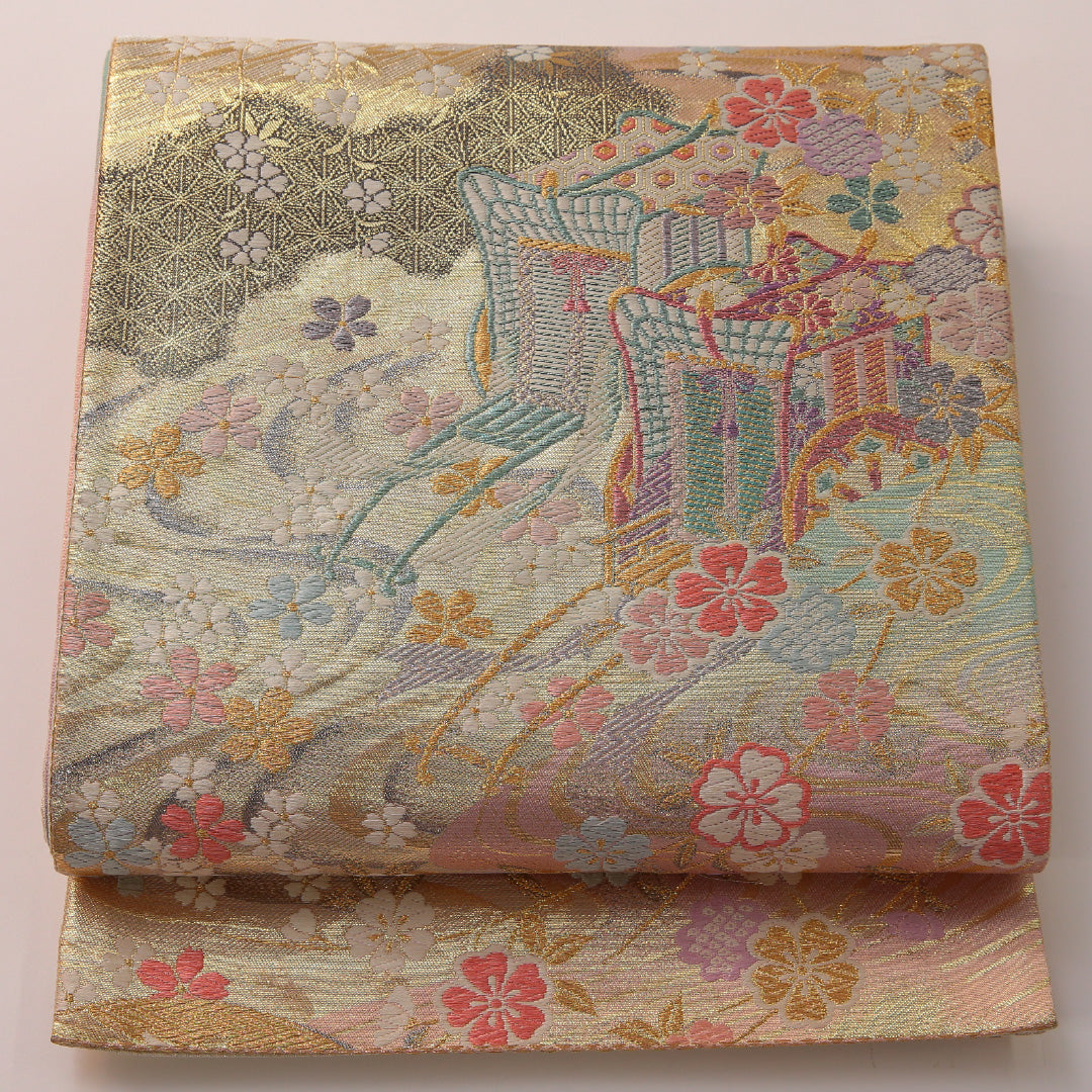 袋帯 帯丈440cm フォーマル 六通 Sランク 正絹 花車 桜 金系 多色系 1223-01891