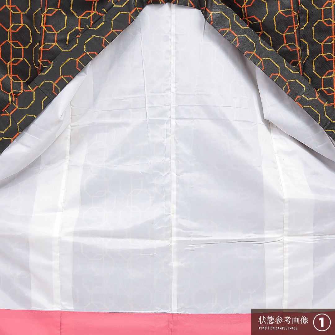 洗える着物 小紋 袷 身丈154cm 裄丈62cm ポリエステル Aランク インフォーマル 広衿 Sサイズ 蜀江 黒系 RP 1221-16297
