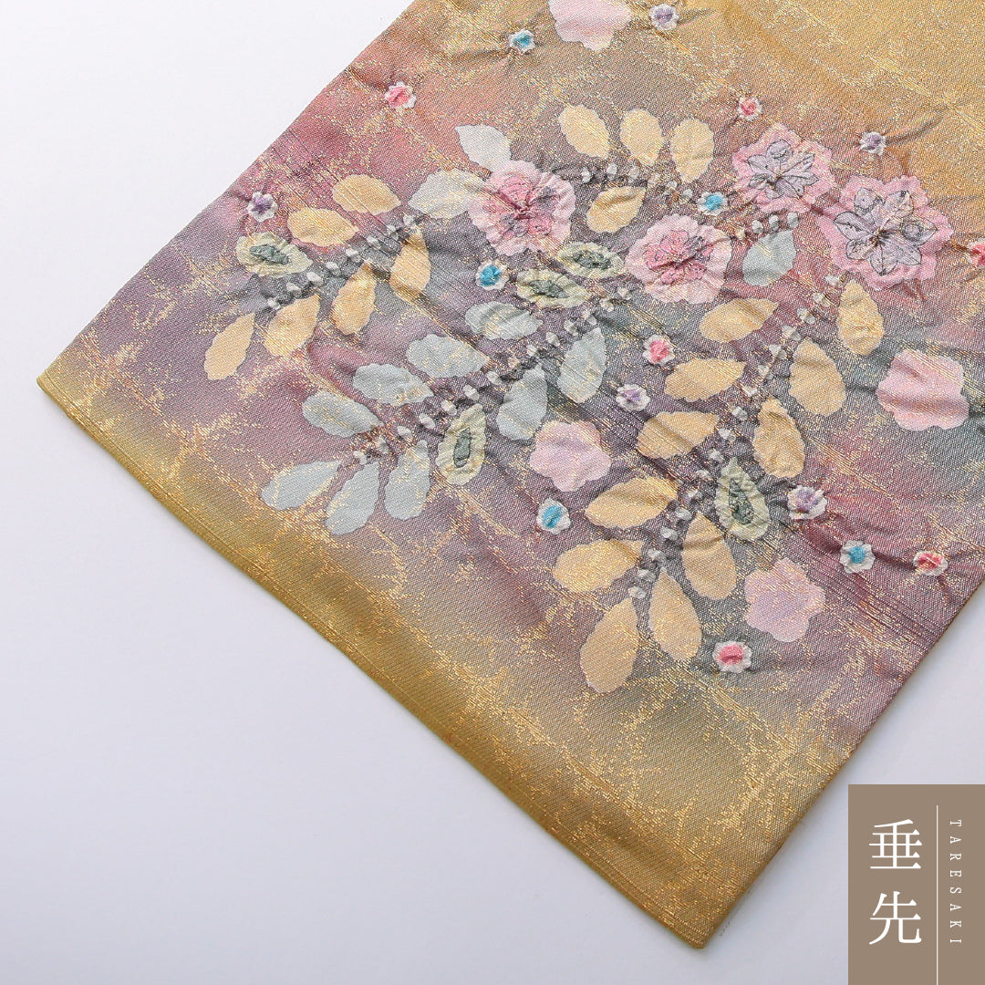 袋帯 帯丈448cm 正絹 ポイント柄 帯芯なし フォーマル ふくれ織 辻が花 落款 黄系 1243-02111