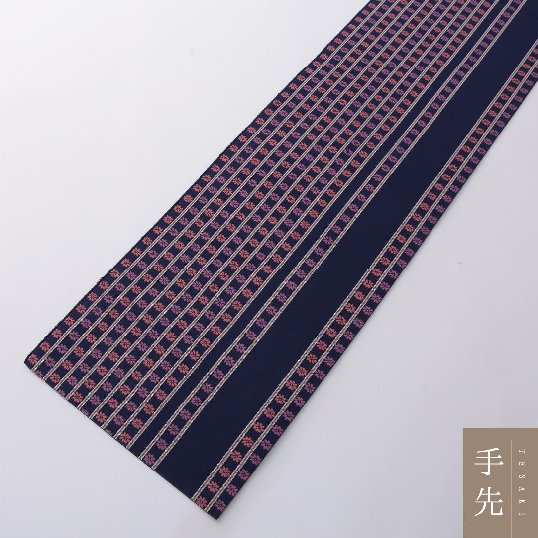 九寸名古屋帯(紬) 帯丈360cm カジュアル 開き仕立て 全通 Aランク 正絹 菊 縞 紺系 紫系 1224-03278