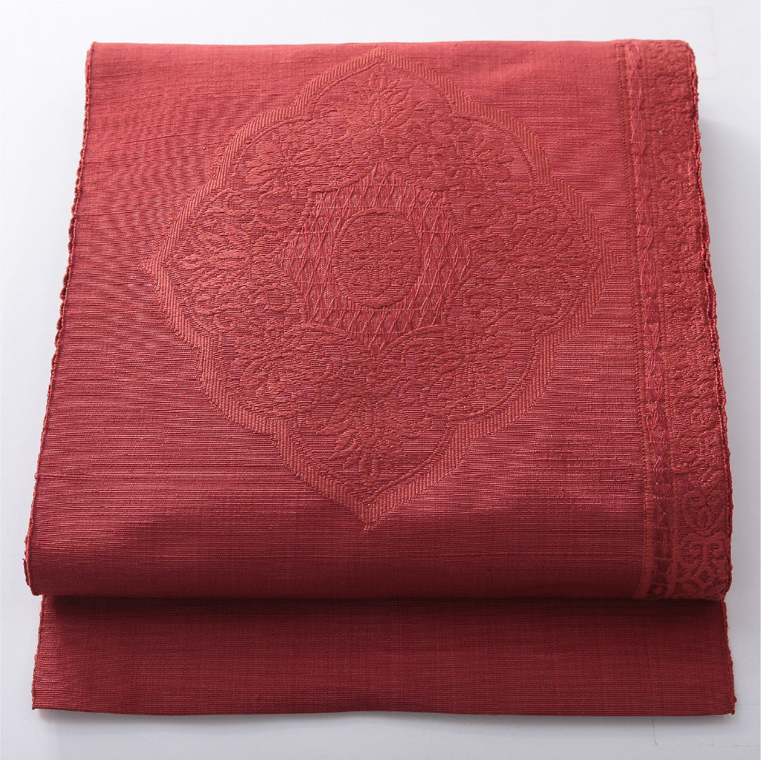 八寸名古屋帯(紬) 帯丈346cm カジュアル 開き仕立て ポイント柄 Sランク 正絹 鏡裏文 赤系 1224-03913