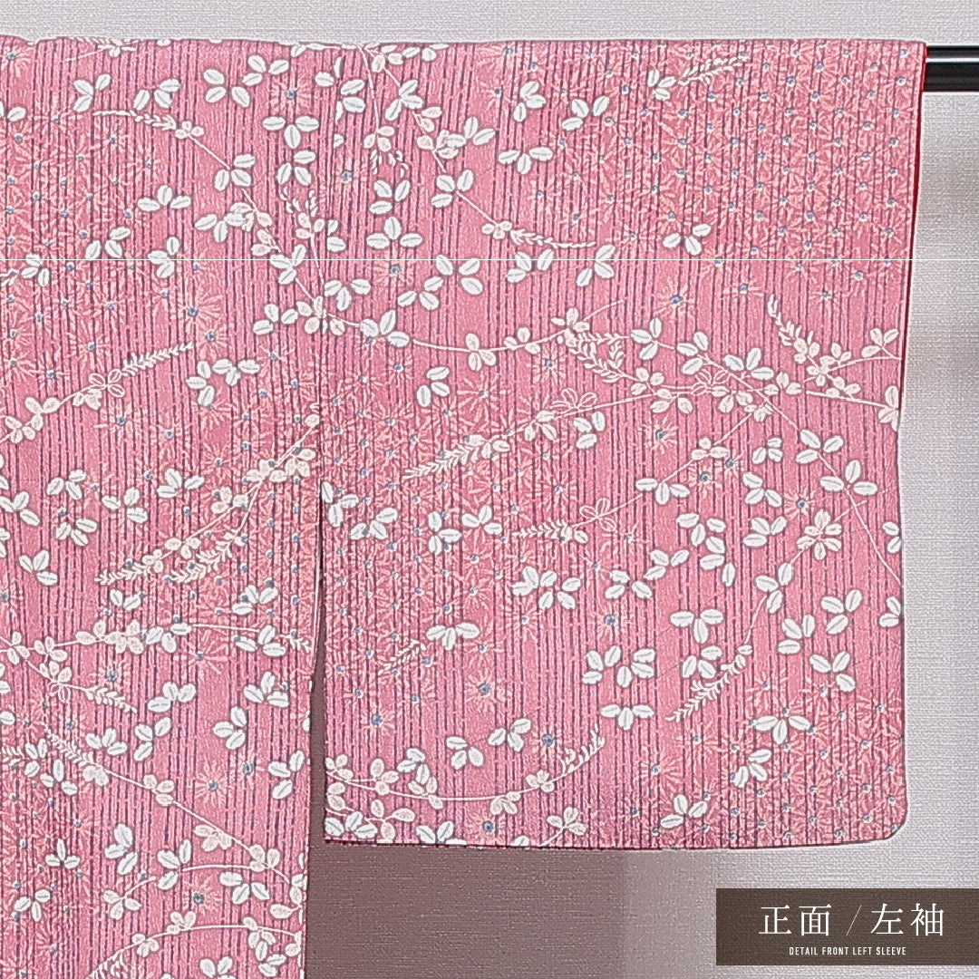 洗える着物 小紋 袷 身丈150cm 裄丈62cm ポリエステル Sランク インフォーマル バチ衿 Sサイズ 植物柄 紫系 RP 1221-16027