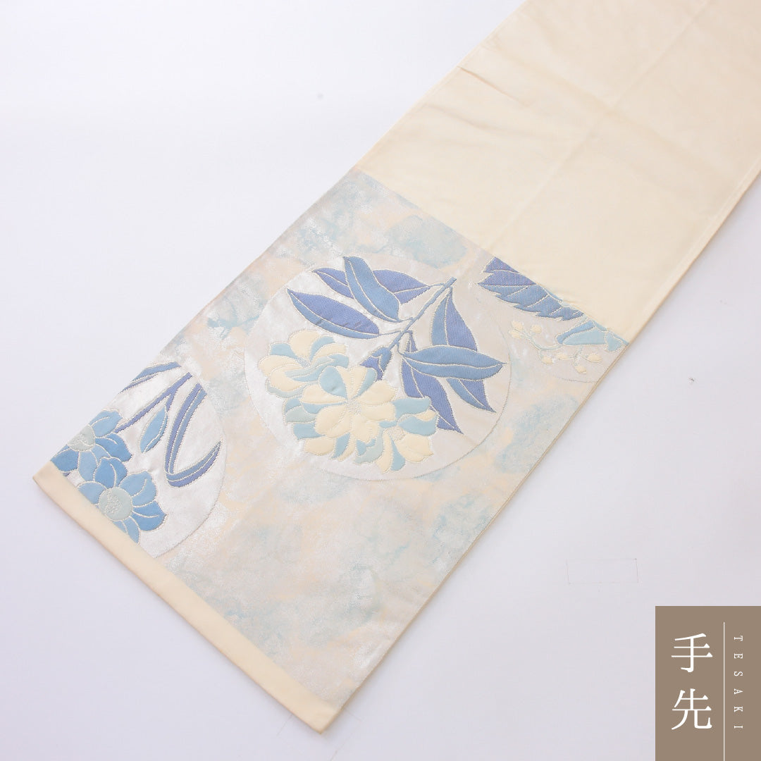 袋帯 帯丈446cm 正絹 六通 帯芯なし セミフォーマル 百合 クリーム系 1243-02204