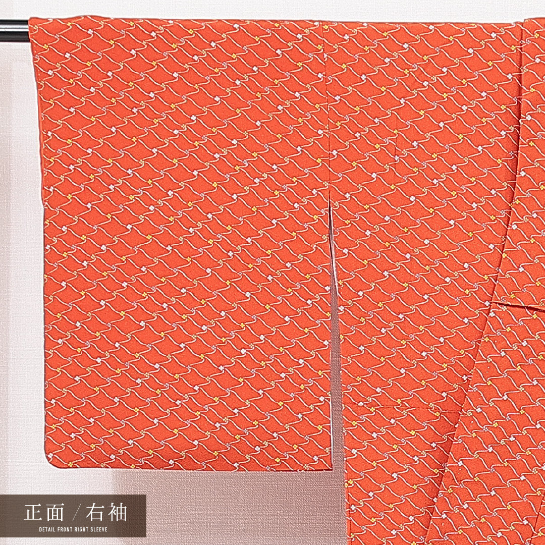 小紋 袷 身丈151cm 裄丈62cm 正絹 Sランク インフォーマル 広衿 Sサイズ 花柄 朱系 RP 1221-15079