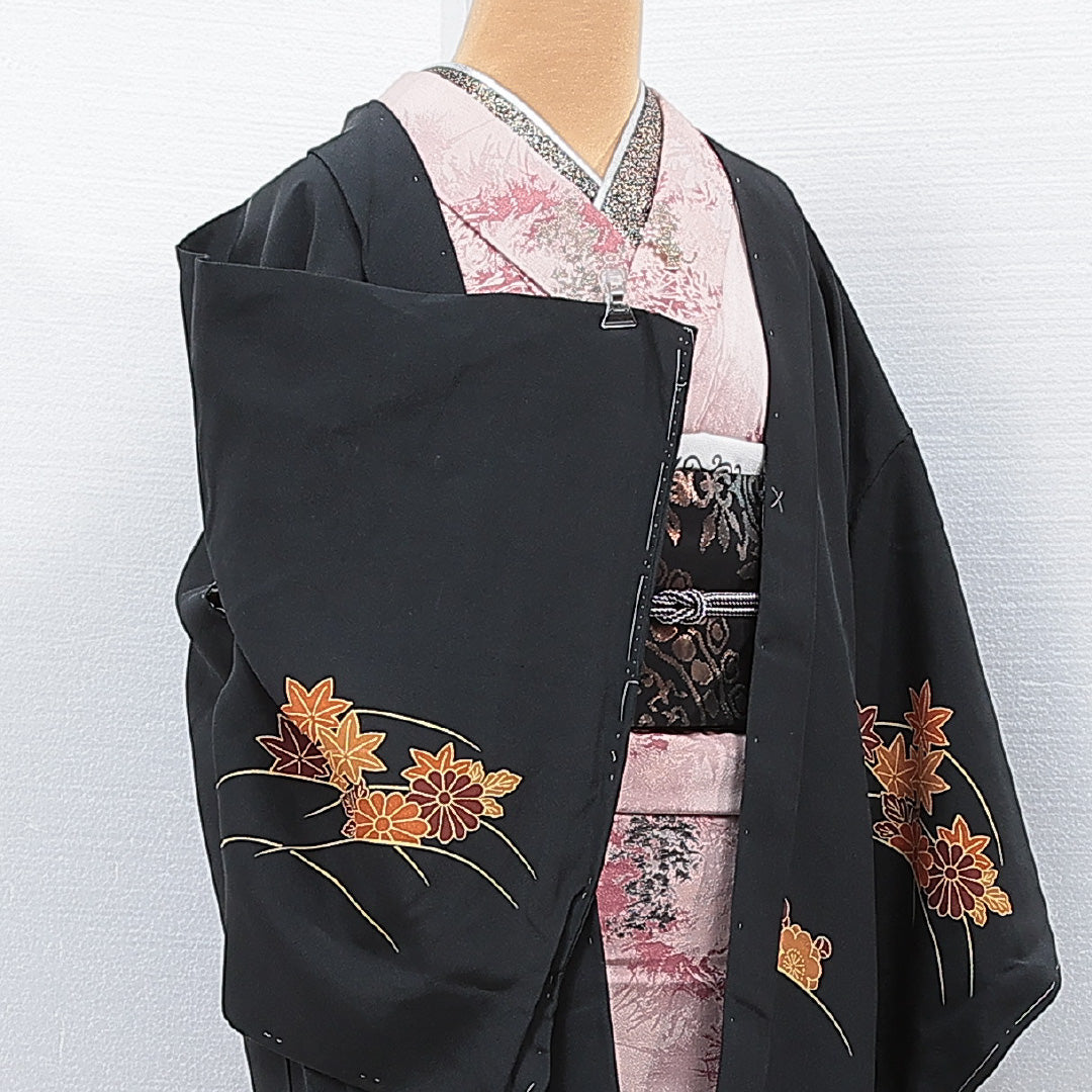 黒羽織 袷 身丈79cm 裄丈65cm 正絹 Aランク インフォーマル Mサイズ 菊 紅葉 黒系 RP 1233-15314