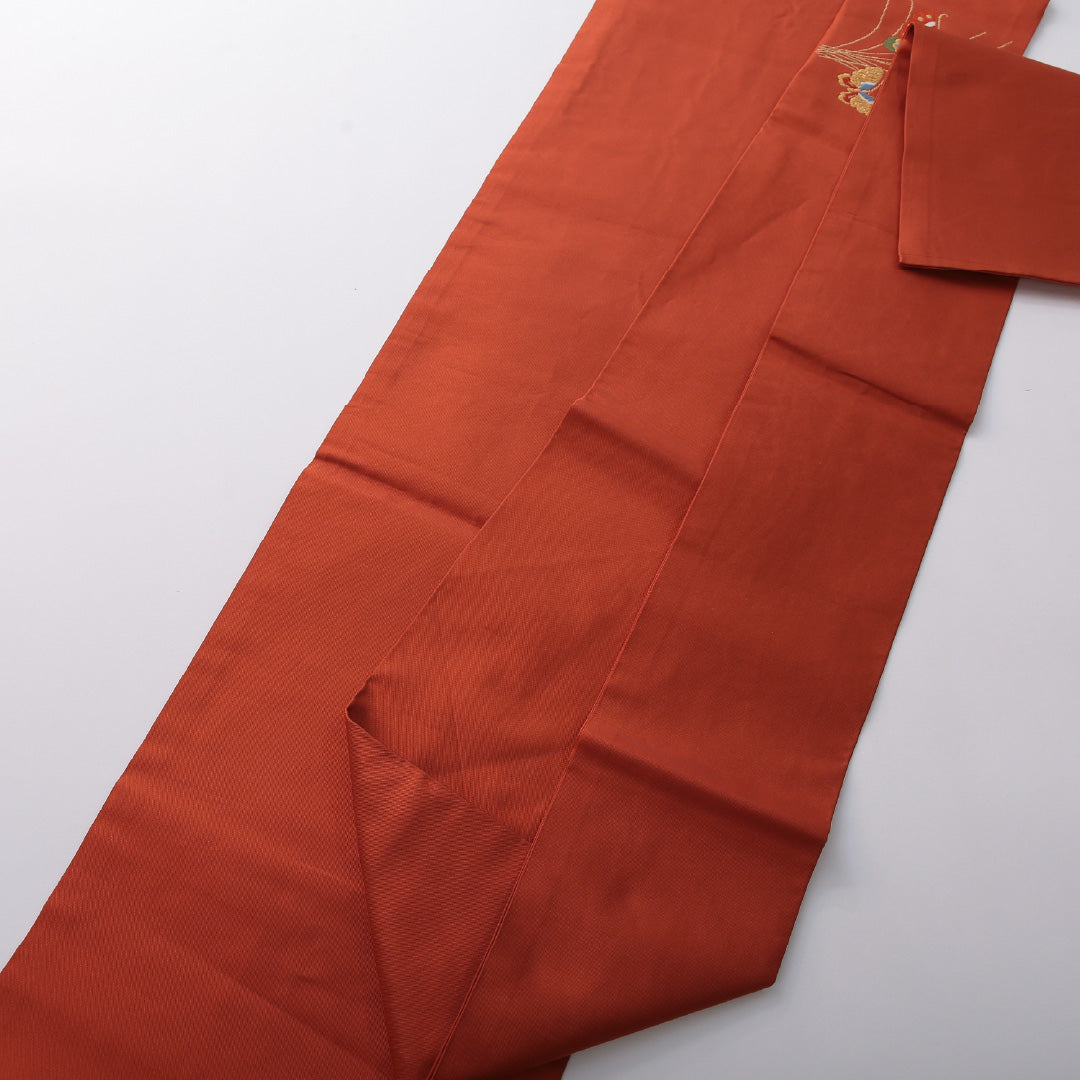 アンティーク 九寸名古屋帯 帯丈366cm カジュアル 名古屋仕立て ポイント柄 Dランク 正絹 蝶 朱系 金系 1224-03521