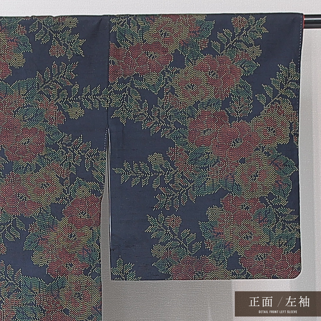 紬 袷 身丈162cm 裄丈63cm 正絹 Sランク カジュアル バチ衿 Lサイズ 椿 紺系 RP 1223-15152