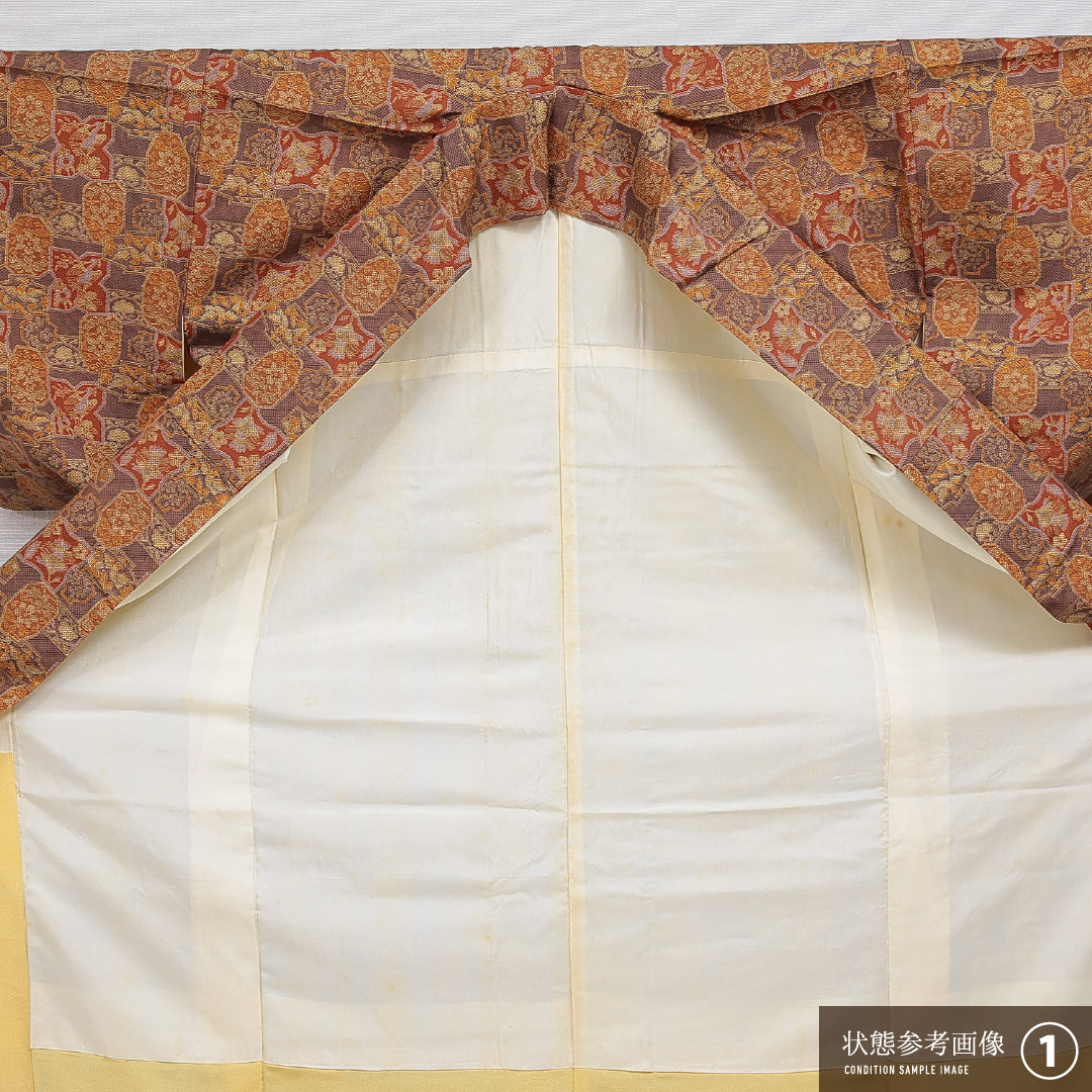 小紋 袷 身丈165cm 裄丈64cm 正絹 Aランク インフォーマル 広衿 XLサイズ 鳥 花柄 茶系 RP 1221-15934