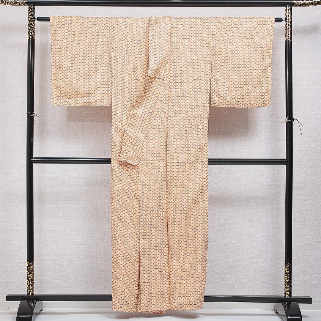 洗える着物 小紋 袷 身丈158cm 裄丈64cm ポリエステル Sランク インフォーマル 広衿 Mサイズ 麻の葉 朱系 RP 1221-16007