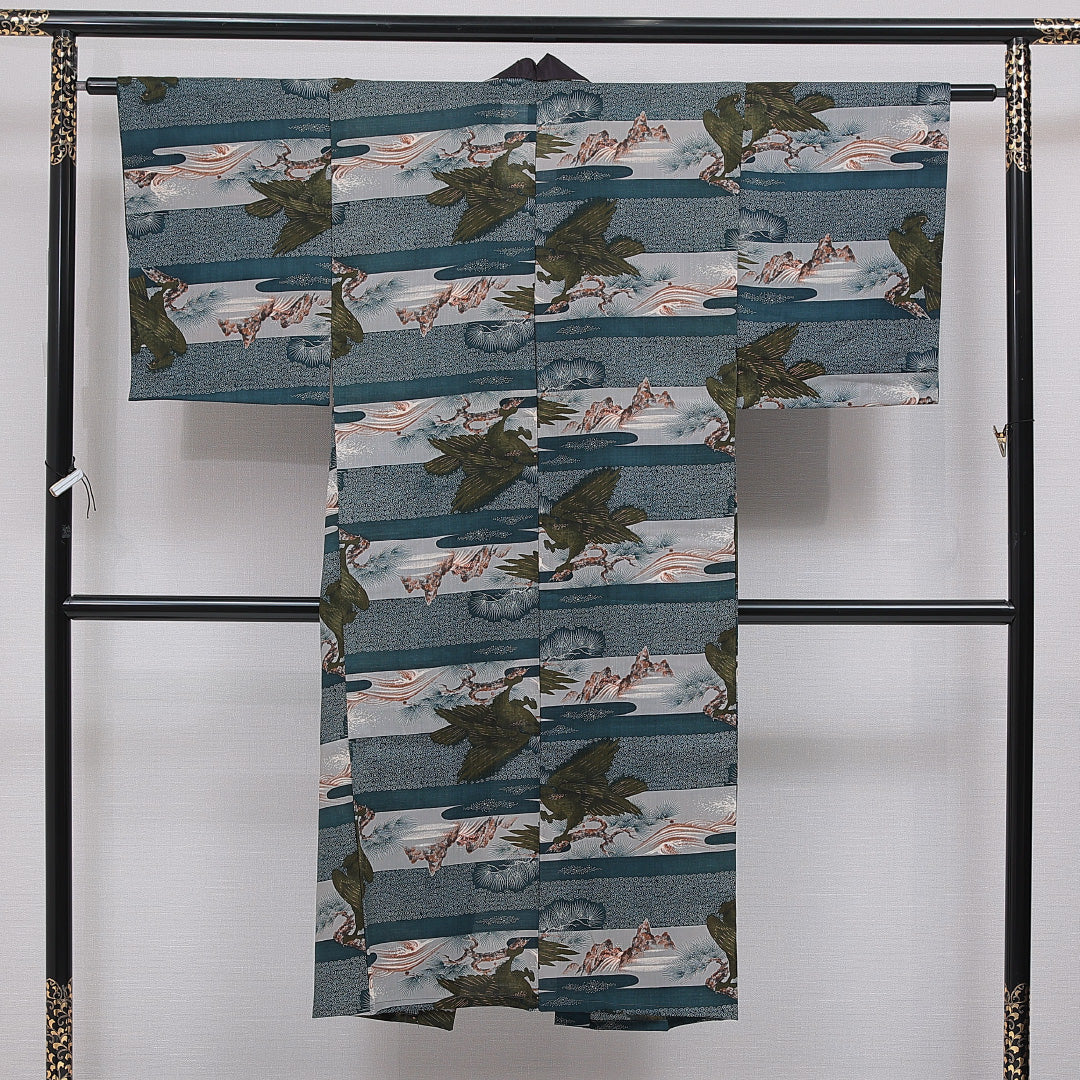 長襦袢 男性用 無双袖 身丈137cm 裄丈60cm 正絹 Sランク Mサイズ 鷹 グレー系 RP 1241-16716