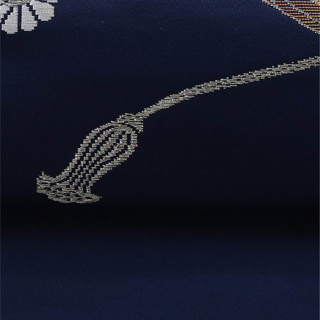 八寸名古屋帯 帯丈366cm セミフォーマル 松葉仕立て ポイント柄 Aランク 正絹 扇 牡丹 青系 1224-03727