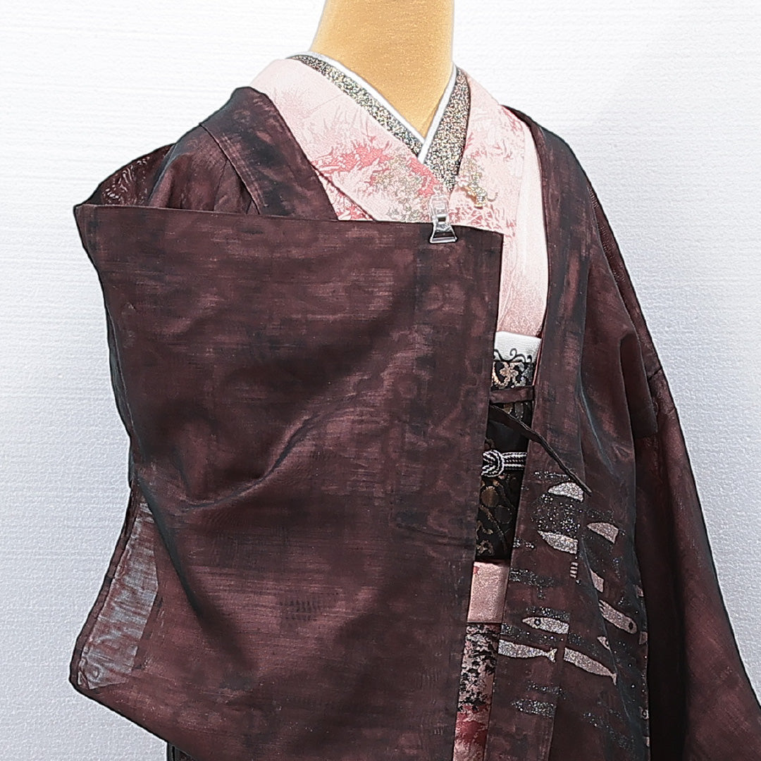 夏物 道中着 二重紗 身丈77cm 裄丈65cm 正絹 Sランク カジュアル Mサイズ 抽象柄 素朴 落ち着き 茶系 RP 1236-15458