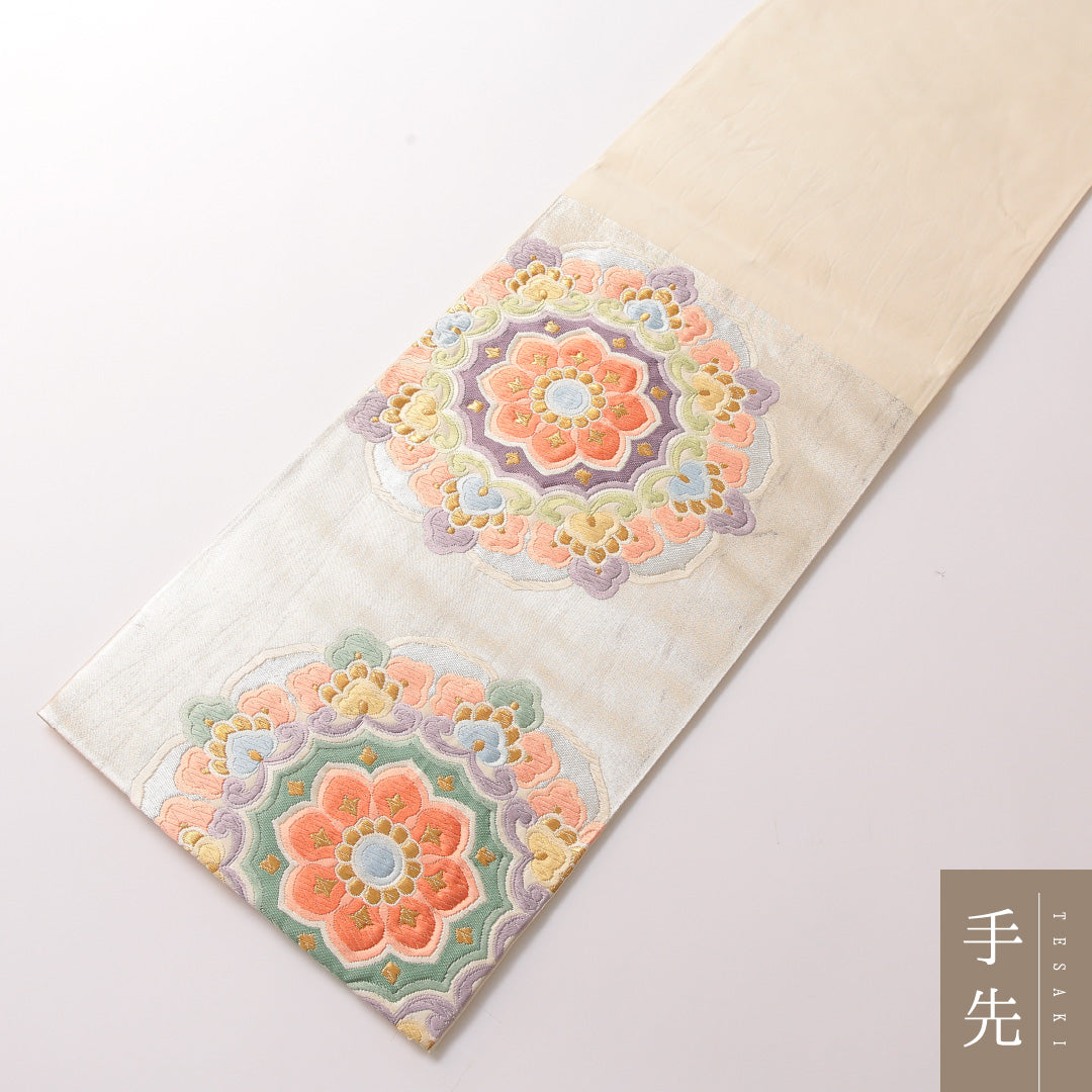 袋帯 帯丈442cm 正絹 六通 フォーマル 唐織 宝相華 銀系 1243-01866