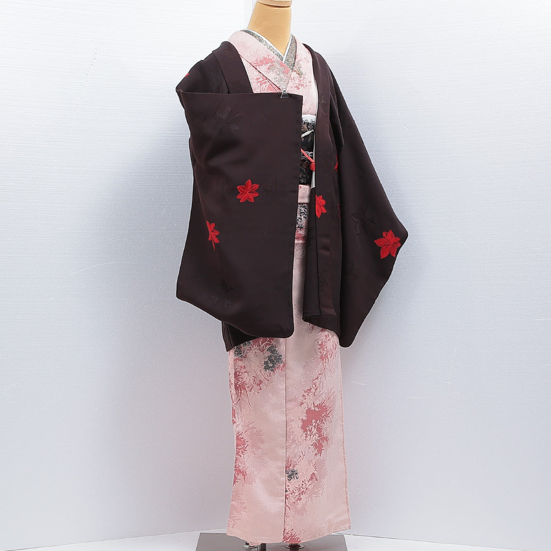 羽織 袷 身丈82cm 裄丈66cm 正絹 Bランク Mサイズ カジュアル 紐あり 紅葉 茶系 1217-16159