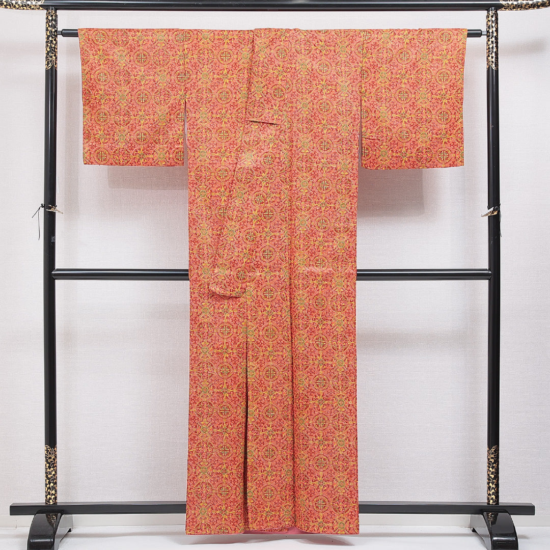 洗える着物 小紋 袷 身丈160cm 裄丈65cm ポリエステル Aランク インフォーマル 広衿 Lサイズ 連珠文 朱系 RP 1221-16389