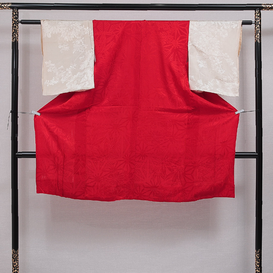 アンティーク 長襦袢 無双袖 身丈114cm 裄丈58cm 正絹 Aランク XSサイズ 菊 赤系 1229-16491