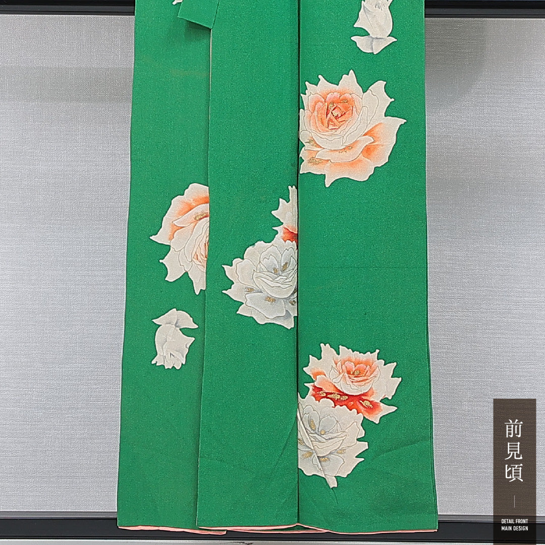 アンティーク 小紋 袷 身丈152cm 裄丈55cm 正絹 Cランク バチ衿 Sサイズ 金彩 薔薇 緑系 M4 1221-15494