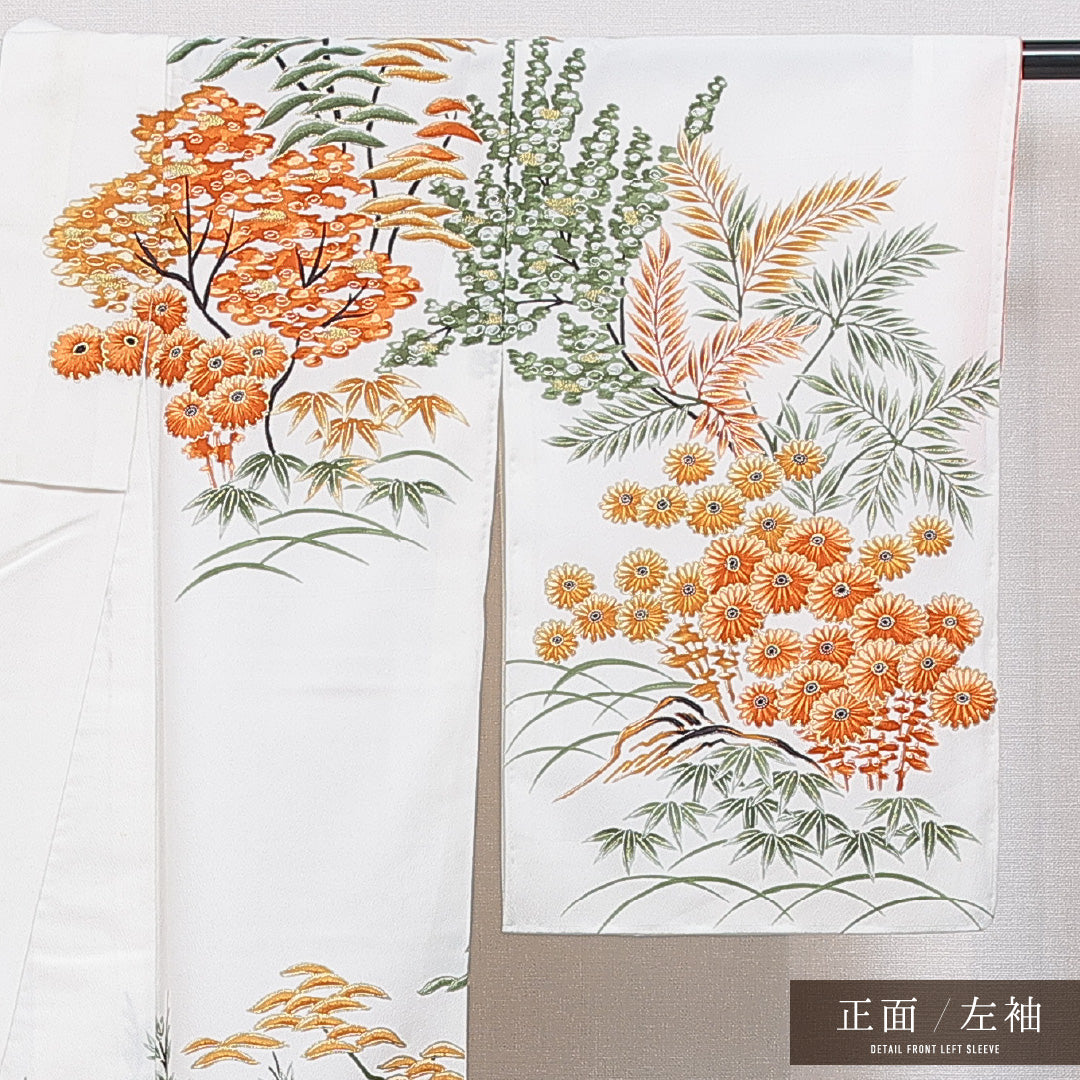 訪問着 洗える着物 袷 身丈158cm 裄丈63cm ポリエステル Cランク Mサイズ 広衿 セミフォーマル 風景柄 白系 1212-16256