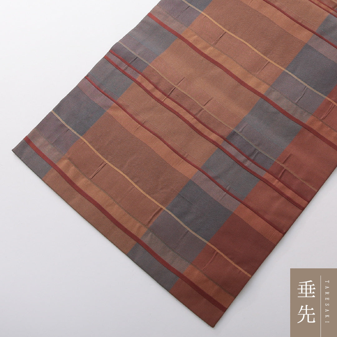 九寸名古屋帯 Aランク 帯丈362cm 正絹 全通 名古屋仕立て 織り カジュアル ふくれ織 創作柄 茶系 RP 1245-03747
