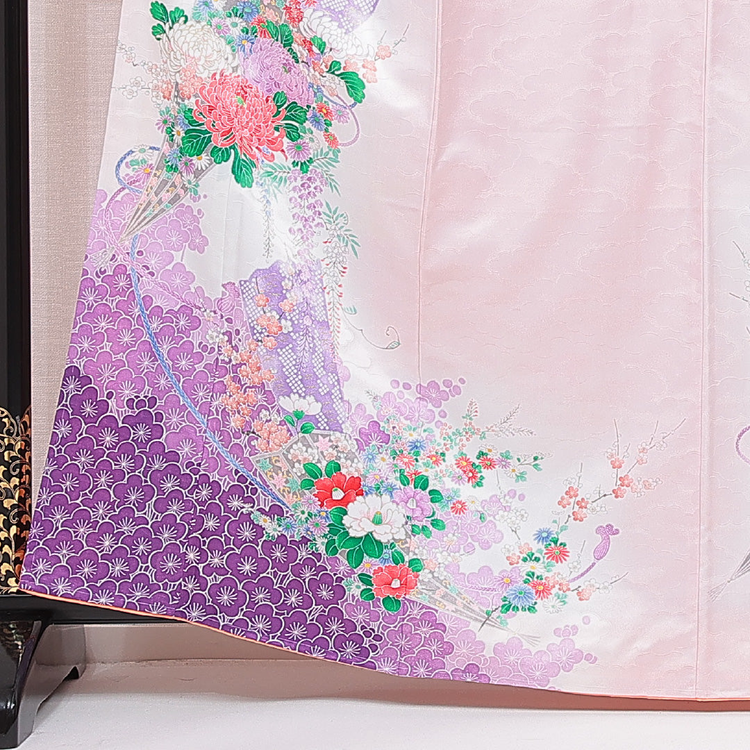 訪問着 袷 身丈163cm 裄丈65cm ポリエステル 洗える着物 Aランク セミフォーマル 広衿 Lサイズ 紋意匠 雲取り 古典柄 古典的 華やか ピンク系 HP 1217-15068